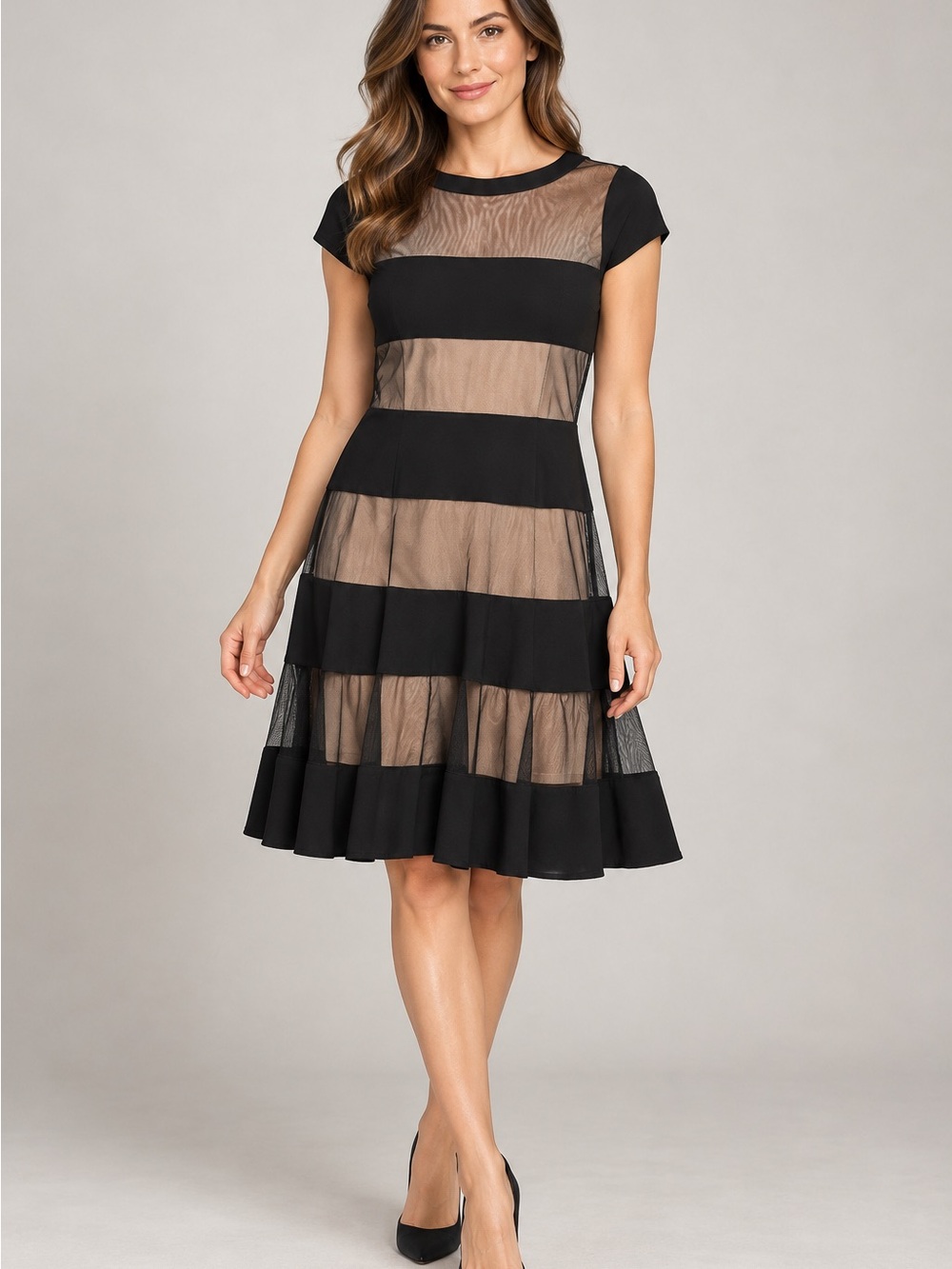 R&M Richards Black Tan Mesh Stripe Fit & Flare Cocktail Dress Size 6